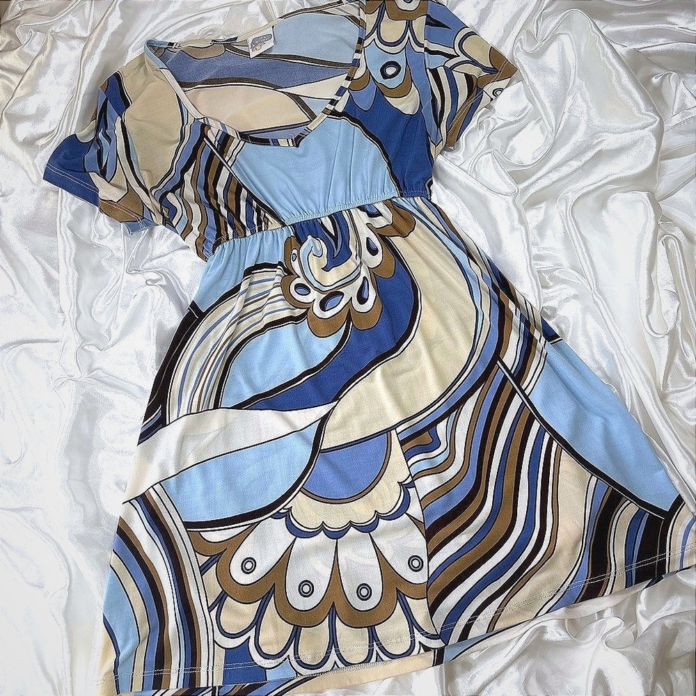 y2k New Recruit Psychedelic Mini Dress Blue Empire Waist Floral Swirl